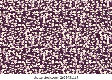Padrão vetorial contínuo de ramos florais leves em um fundo violeta profundo. Design elegante e romântico ideal para têxteis, papéis de parede, embalagens e projetos temáticos botânicos