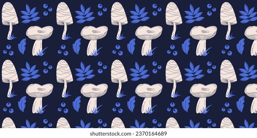 Seamless vector pattern with light mushrooms, blue leaves and berries on a dark blue background