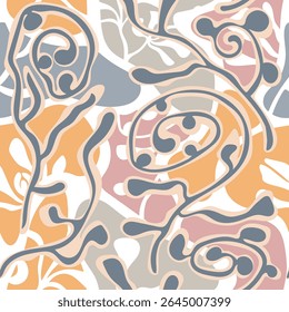 
Seamless vector pattern in light pastel colors on a white background with spots of different shapes and stylized plant elements.