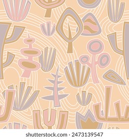 
Seamless vector pattern in light sandy colors, stylized plants, cacti, stones, lines, light stroke