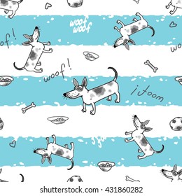 The seamless vector pattern with light stripes and funny dogs.