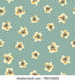 Seamless vector pattern with light yellow flowers and dots on blue background