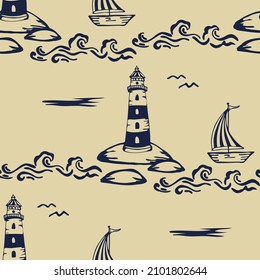 Seamless vector pattern with lighthouse and boat on yellow background. Artistic nautical wallpaper design. Decorative life style fashion textile.