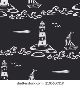Seamless vector pattern with lighthouse and boat on dark grey background. Simple nautical style wallpaper design. Decorative marine fashion textile.