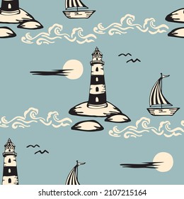 Seamless vector pattern with lighthouse and boat on light blue background. Simple summer sea wallpaper design. Decorative nautical fashion textile.