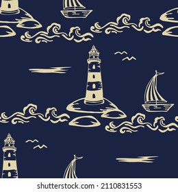 Seamless vector pattern with lighthouse and boat on blue background. Simple hand drawn nautical wallpaper design. Decorative marine fashion textile.