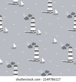 Seamless vector pattern with lighthouse, boat and seagulls. Gray background. fashionable marine print for textiles, wallpaper and packaging.