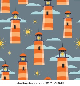 Seamless vector pattern with lighthouse and clouds. Stylish kids backgrounfd