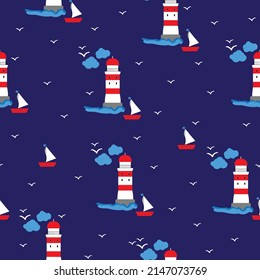Seamless vector pattern with lighthouse,boat and seagulls. Blue background. fashionable marine print for textiles, wallpaper and packaging.