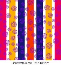 Seamless vector pattern with lilac circles on a striped background. Bright texture for fabric, wrapping paper, package, packaging, tablecloth, shawl