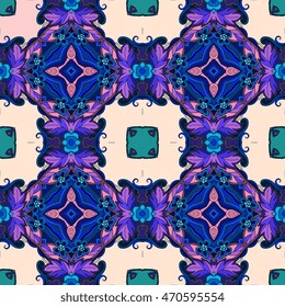 Seamless vector pattern with lilac leaves, blue flowers and curls.