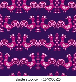 Seamless vector pattern with lilac-pink folk art roosters on dark background