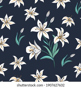Seamless vector pattern of lilies. Background for greeting card, website, printing on fabric, gift wrap, postcard and wallpapers. 