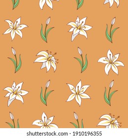 Seamless vector pattern of lilies. Background for greeting card, website, printing on fabric, gift wrap, postcard and wallpapers. 