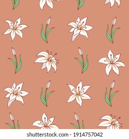 Seamless vector pattern of lilies. Background for greeting card, website, printing on fabric, gift wrap, postcard and wallpapers. 