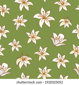 Seamless vector pattern of lilies. Background for greeting card, website, printing on fabric, gift wrap, postcard and wallpapers. 