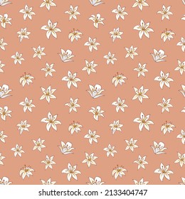 Seamless vector pattern of lilies. Background for greeting card, website, printing on fabric, gift wrap, postcard and wallpapers.