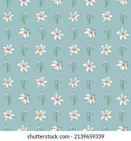 Seamless vector pattern of lilies. Background for greeting card, website, printing on fabric, gift wrap, postcard and wallpapers. 