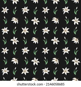 Seamless vector pattern of lilies. Background for greeting card, website, printing on fabric, gift wrap, postcard and wallpapers. 