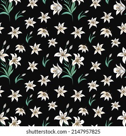 Seamless vector pattern of lilies. Background for greeting card, website, printing on fabric, gift wrap, postcard and wallpapers. 