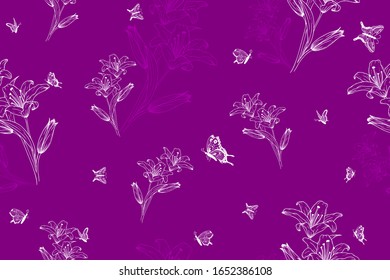 Seamless vector pattern with lilies  and butterflies, Nature background.