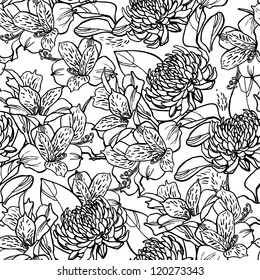 Seamless vector pattern of lilies and chrysanthemums flowers. Hand drawn sketch, black outline on white background. 