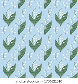 seamless vector pattern with lilies of the valley on blue background