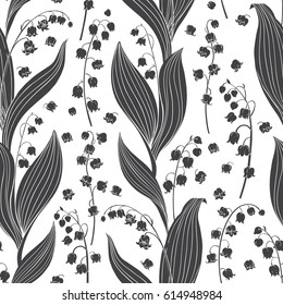 Seamless vector pattern with lilies of the valley. Black floral silhouettes on a white background.