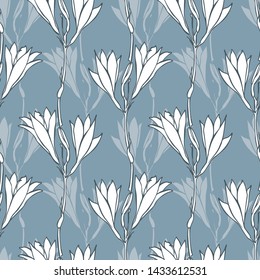 Seamless vector pattern. Lily flower pattern. Gray-blue color. Contours of Lily flowers. Silhouettes of Lily flowers. Layered vector file.