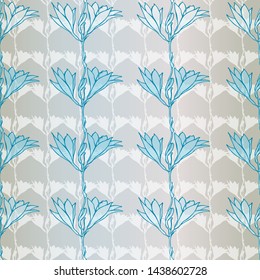Seamless vector pattern. Lily flower pattern. Contours of Lily flowers. Silhouettes of Lily flowers. Layered vector file.The delicate flavor. Blue lilies on a gray background.