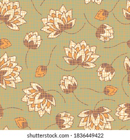 Seamless vector pattern with lily's on green background. Simple floral textured wallpaper design. Flower bloom fashion textile.