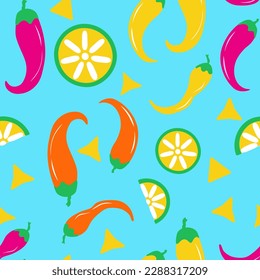 Seamless vector pattern with lime, chilli, pepper and nachos. Mexican traditional cuisine spices. Bright and fun background in cyan, yellow, green colors for kitchen or cooking  