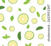 Seamless vector pattern with lime slices, mint leaves, and ice cubes on a white background. Fresh and bright design perfect for summer, kitchen decor, drinks, and tropical themes.