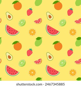 Seamless vector pattern of limes, watermelon slices, bright strawberries, orange and avocado. Summer background, for fabrics, wrapping paper, coatings.