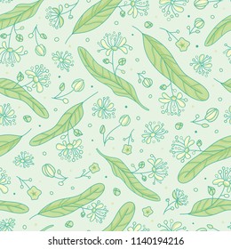 Seamless vector pattern with linden flowers and leaves on light green background
