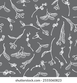 
Seamless vector pattern of linden, maple and oak seeds, linear white drawing with light gray fill on dark gray background.