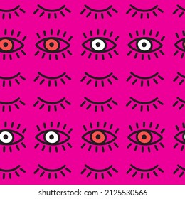Seamless vector pattern with line abstract eyes on pink background. Modern design for fabric and paper, surface textures.