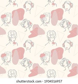 Seamless vector pattern with line art portraits of women. Abstract spots, shapes, flowers. Minimalistic background for wallpapers, wrapping paper, fabrics, textiles, prints, stationery, design and etc