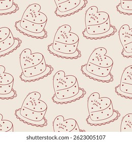 Seamless vector pattern with line art heart shaped bento cakes. Doodle background for valentine day, wedding, anniversary. Coquette girlie texture for wallpaper, wrapping paper, textile
