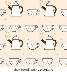 Seamless vector pattern with line cups and coffee pots. Modern vector design for fabric and paper, surface textures.