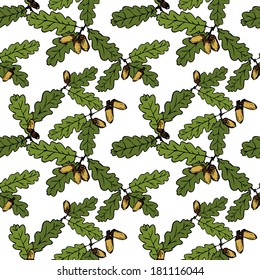 seamless vector pattern with line drawing oak branches with leaves and acorns, hand drawn vector illustration