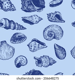 seamless vector pattern with line drawing shells, hand drawn illustration