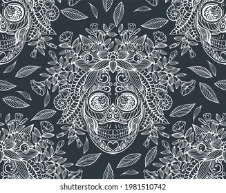 Seamless vector pattern with line drawn decorative human skull in flowers and leaves of different herbs. Sketch for a tattoo. Texture for printing for the holidays "Death Day" or "Halloween"
