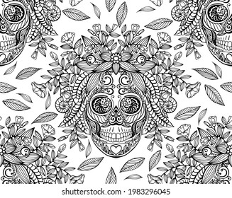 Seamless vector pattern with line drawn decorative human skull in flowers and leaves of different herbs. Sketch for a tattoo. Texture for printing for the holidays "Death Day" or "Halloween"