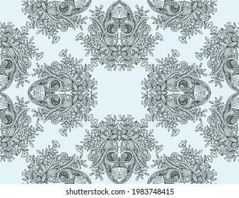 Seamless vector pattern with line drawn decorative human skull in flowers and leaves of different herbs. Sketch for a tattoo. Texture for printing for the holidays "Death Day" or "Halloween"