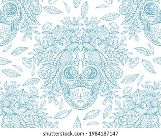 Seamless vector pattern with line drawn decorative human skull in flowers and leaves of different herbs. Sketch for a tattoo. Texture for printing for the holidays "Death Day" or "Halloween"