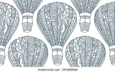 Seamless vector pattern with line drawn decorative  stylized balloon with basket for travel and romantic dates. Coloring page for adults. Beautiful aircrafts