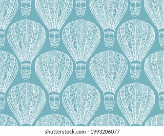 Seamless vector pattern with line drawn decorative  stylized balloon with basket for travel and romantic dates. Coloring page for adults. Beautiful aircrafts