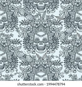 Seamless vector pattern with line drawn decorative human skull in flowers and leaves of herbs. Sketch for a tattoo. Texture for printing for the holidays "Death Day" or Halloween