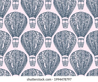 Seamless vector pattern with line drawn decorative  stylized balloon with basket for travel and romantic dates. Coloring page for adults. Beautiful aircrafts